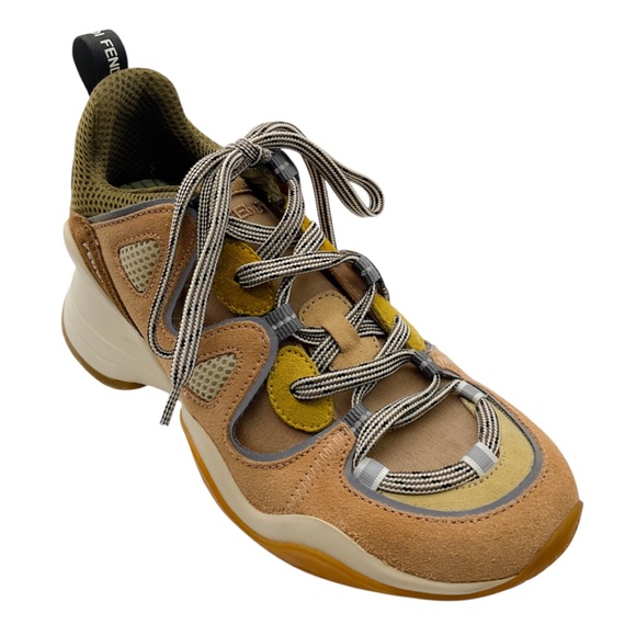 FENDI MULTICOLORED FFLUID FLUID MIXED MEDIA PANELED SUEDE AND MESH SNEAKERS - Picture 1 of 8